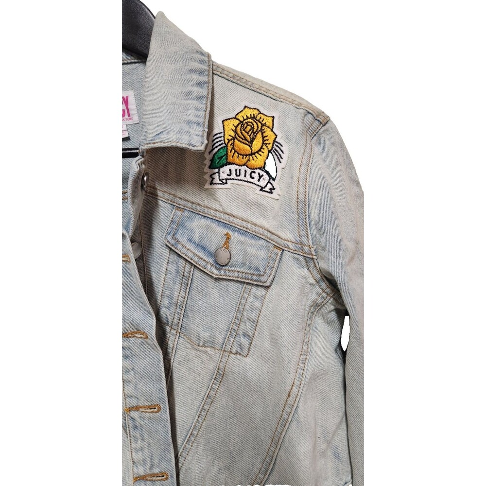Juicy Couture Womens Y2K Denim Jean Jacket Cabana Wash Tattoo Patches Heart XS - Picture 11 of 16